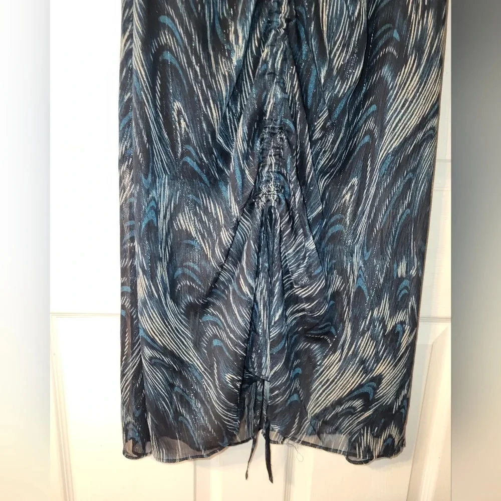 WHISTLES Blue‎ Wave Ruched Dress Size 4 Teal Black Long Sleeve Metallic Glam